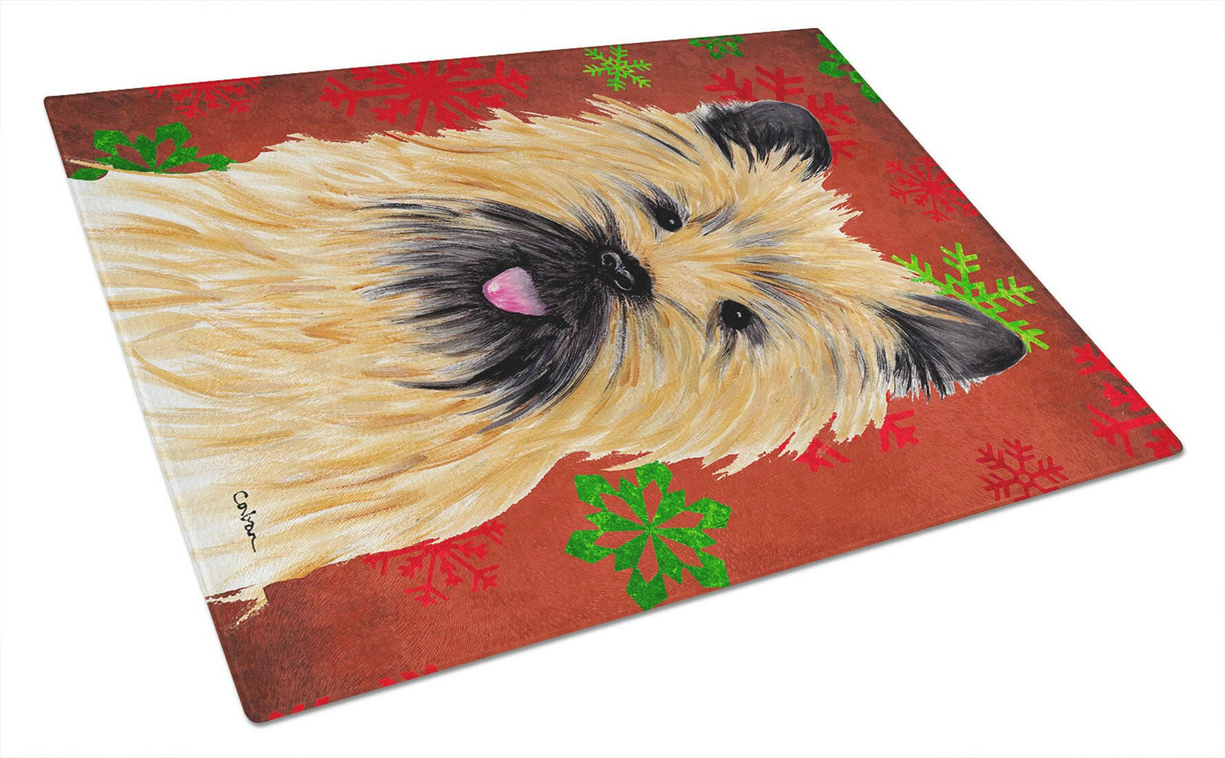 Cairn Terrier Red and Green Snowflakes Holiday Christmas Cutting Board Tempered Glass Kitchen Cutting Surface, Heat Resistant Chopping, Non-Slip Feet, Food Prep & Serving