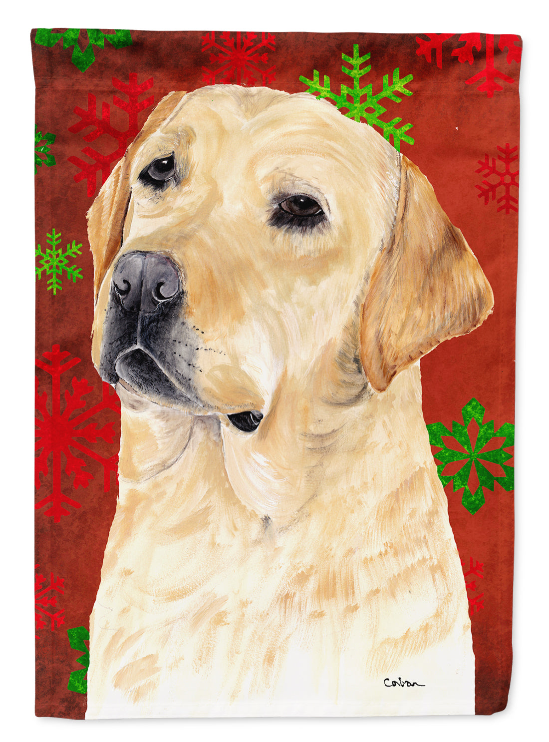 Labrador Red and Green Snowflakes Holiday Christmas House Flag 28x40 Porch Sleeve Pole Decorative Outside Yard Banner Artwork Wall Hanging, Polyester