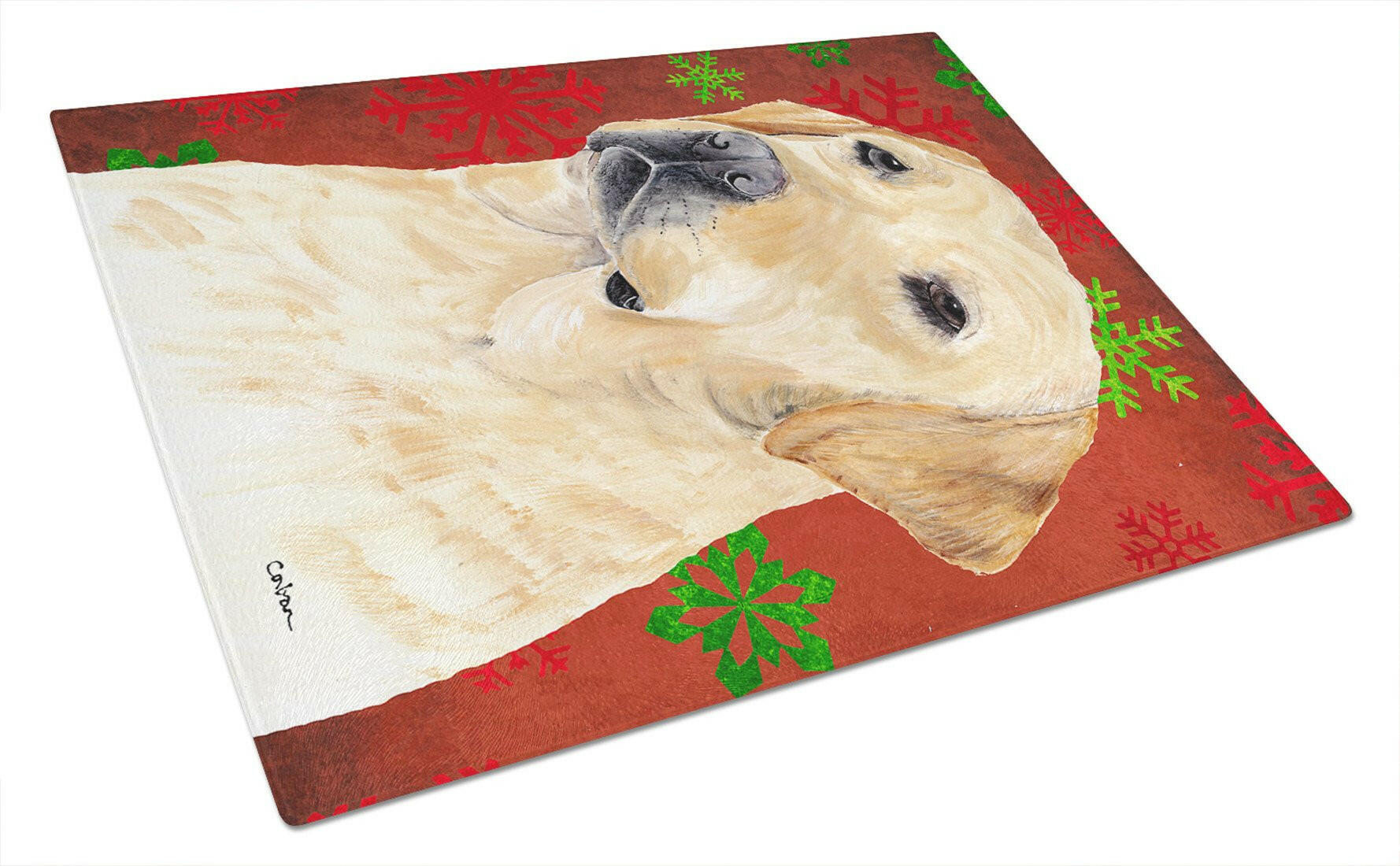 Labrador Red and Green Snowflakes Holiday Christmas Cutting Board Tempered Glass Kitchen Cutting Surface, Heat Resistant Chopping, Non-Slip Feet, Food Prep & Serving