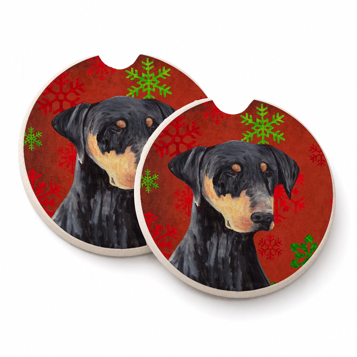 Doberman Red and Green Snowflakes Holiday Christmas Set of 2 Cup Holder Car Coasters Absorbent Round Sandstone Coasters Gifts for Men or Women, 2.5, Multicolor