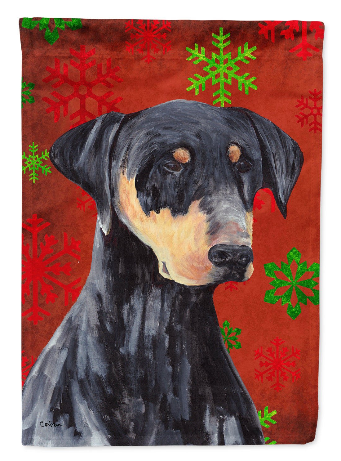 Doberman Red and Green Snowflakes Holiday Christmas House Flag 28x40 Porch Sleeve Pole Decorative Outside Yard Banner Artwork Wall Hanging, Polyester