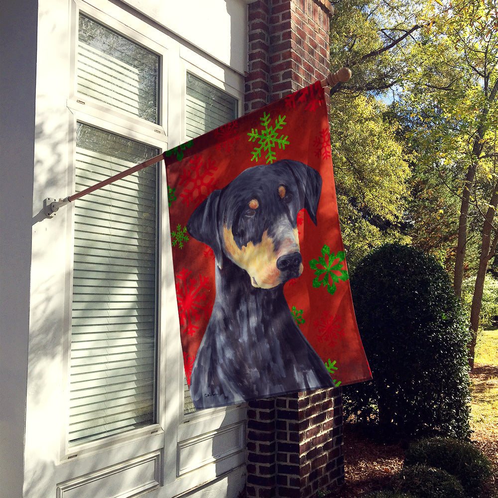 Doberman Red and Green Snowflakes Holiday Christmas House Flag 28x40 Porch Sleeve Pole Decorative Outside Yard Banner Artwork Wall Hanging, Polyester