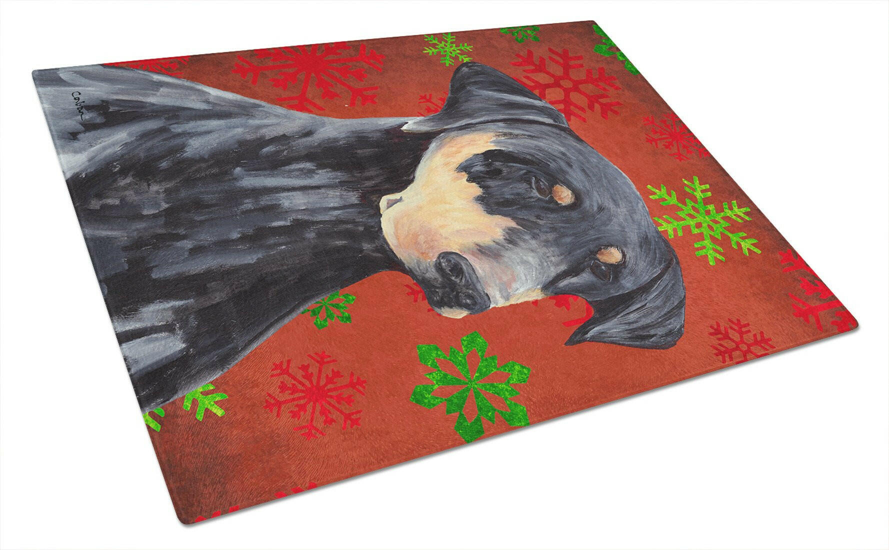 Doberman Red and Green Snowflakes Holiday Christmas Cutting Board Tempered Glass Kitchen Cutting Surface, Heat Resistant Chopping, Non-Slip Feet, Food Prep & Serving