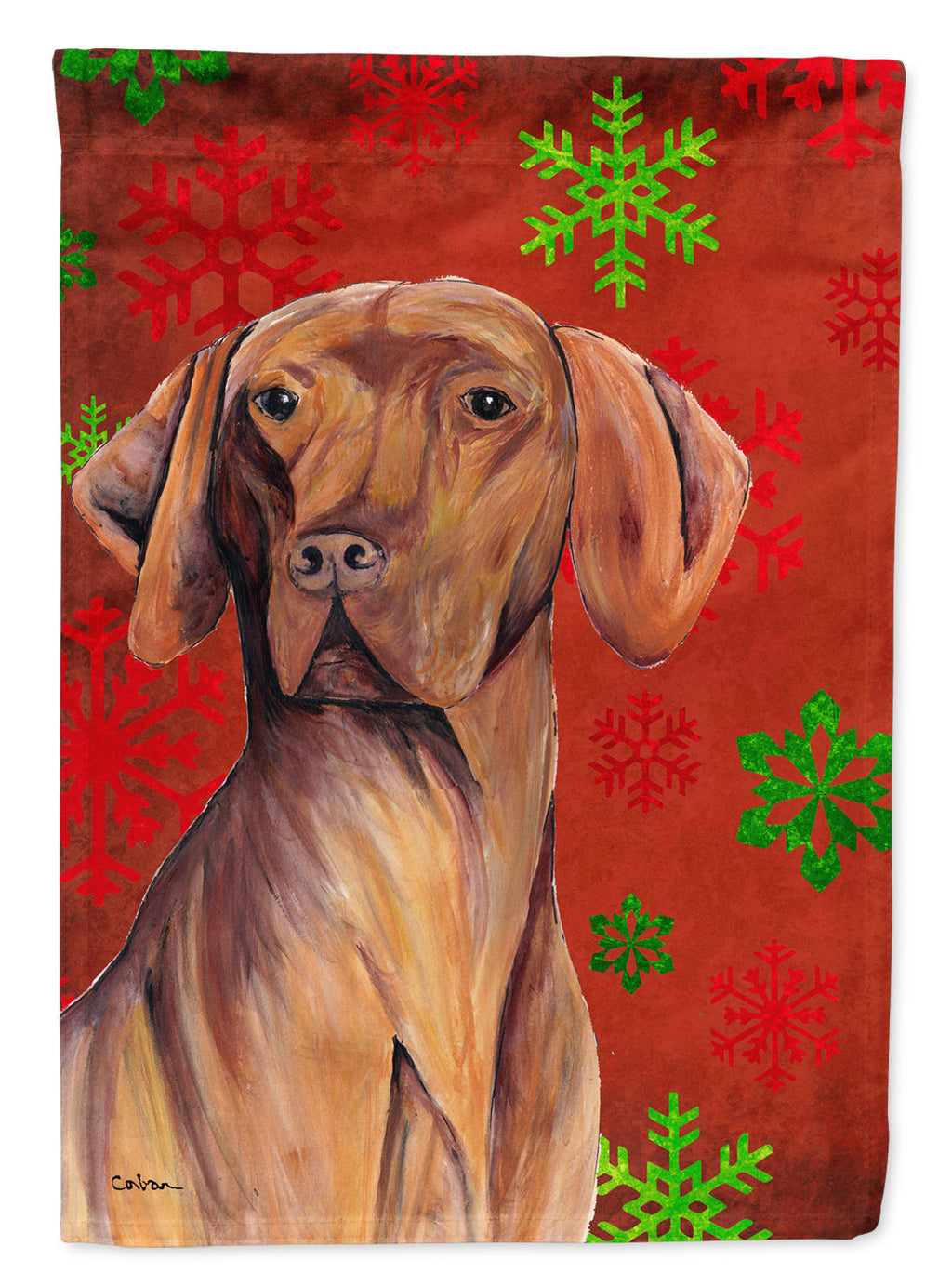 Vizsla Red and Green Snowflakes Holiday Christmas House Flag 28x40 Porch Sleeve Pole Decorative Outside Yard Banner Artwork Wall Hanging, Polyester