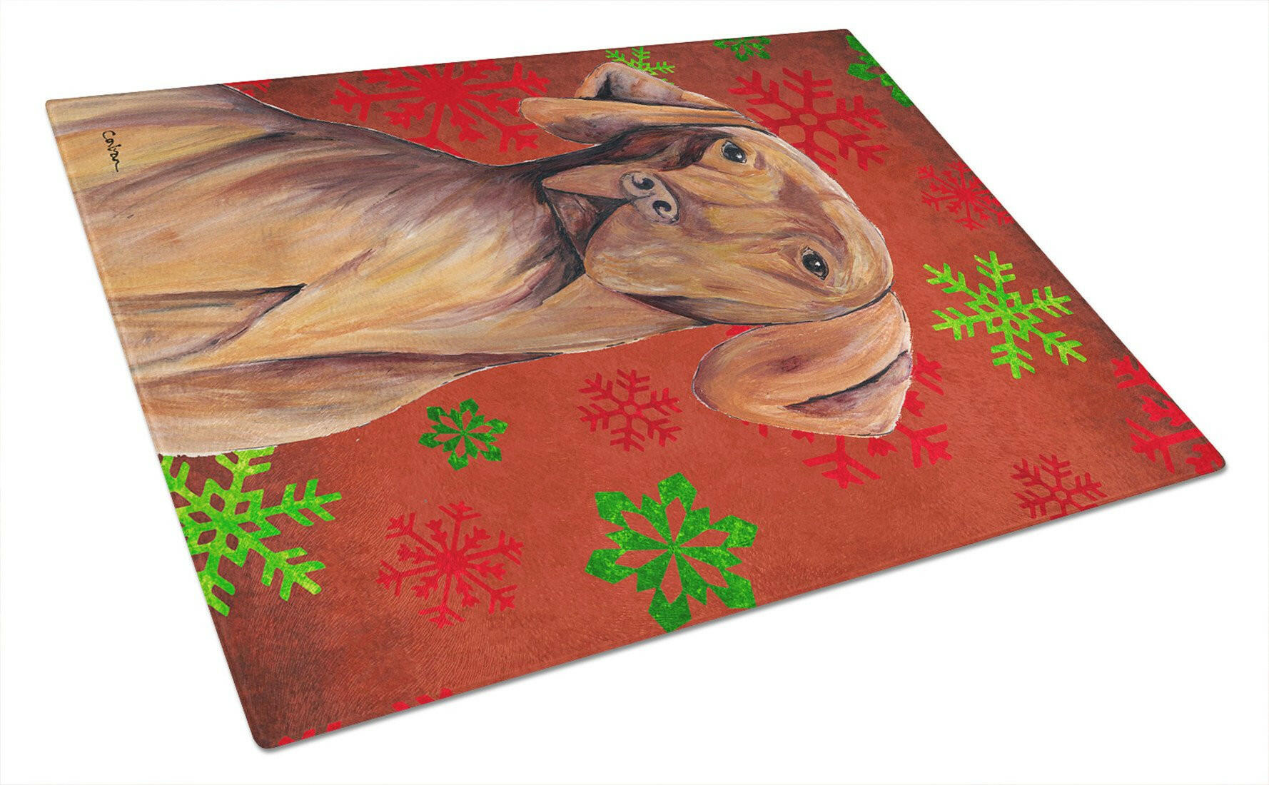 Vizsla Red and Green Snowflakes Holiday Christmas Cutting Board Tempered Glass Kitchen Cutting Surface, Heat Resistant Chopping, Non-Slip Feet, Food Prep & Serving