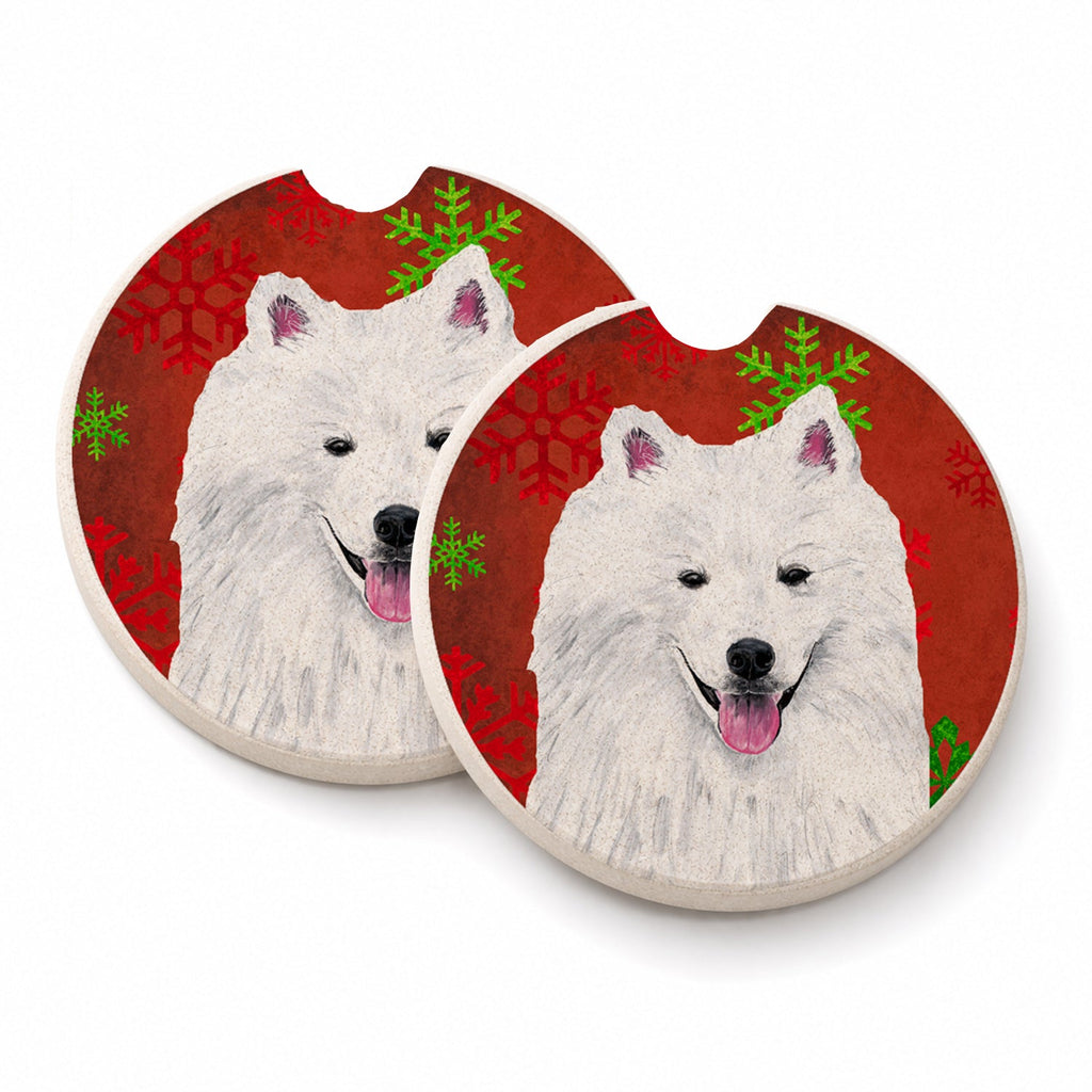 American Eskimo Red and Green Snowflakes Holiday Christmas Set of 2 Cup Holder Car Coasters Absorbent Round Sandstone Coasters Gifts for Men or Women, 2.5, Multicolor