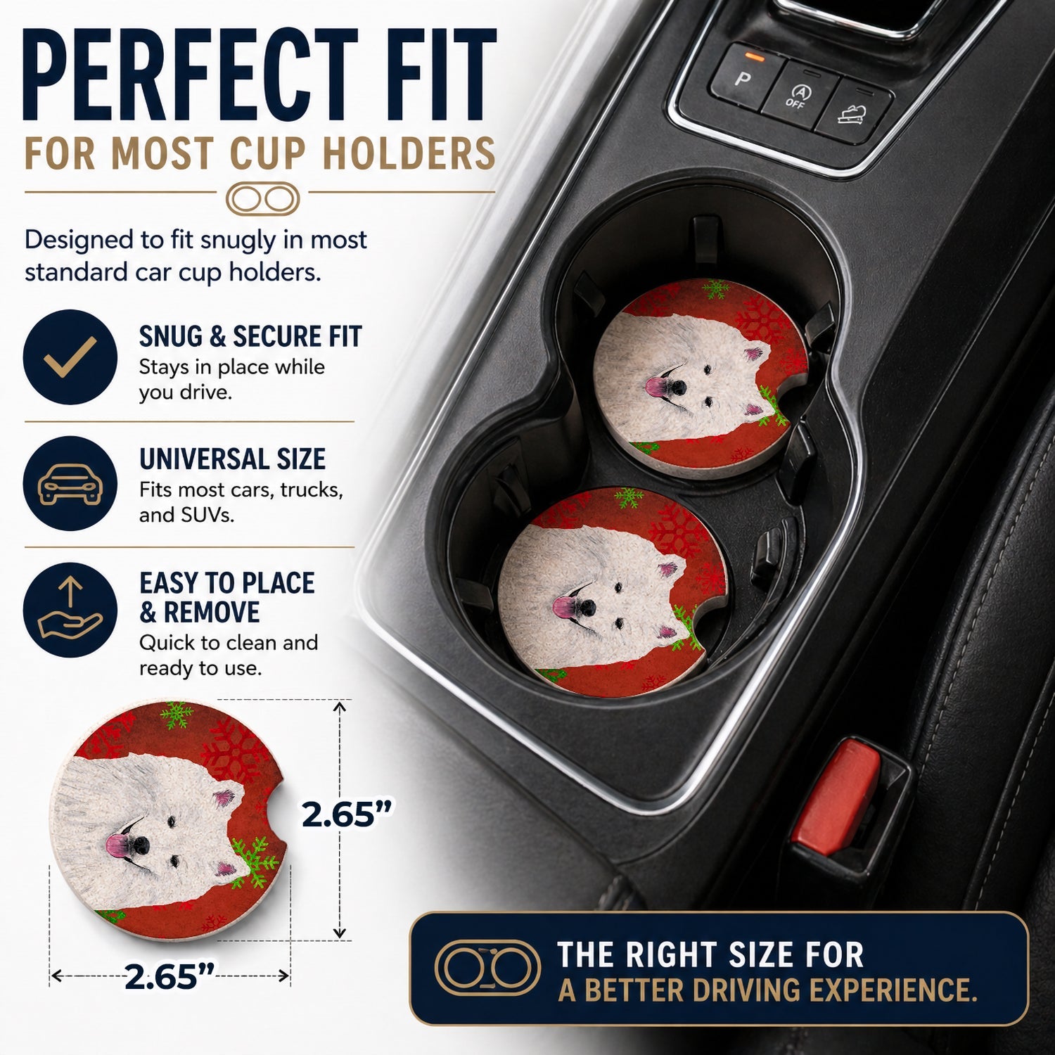 American Eskimo Red and Green Snowflakes Holiday Christmas Set of 2 Cup Holder Car Coasters Absorbent Round Sandstone Coasters Gifts for Men or Women, 2.5, Multicolor