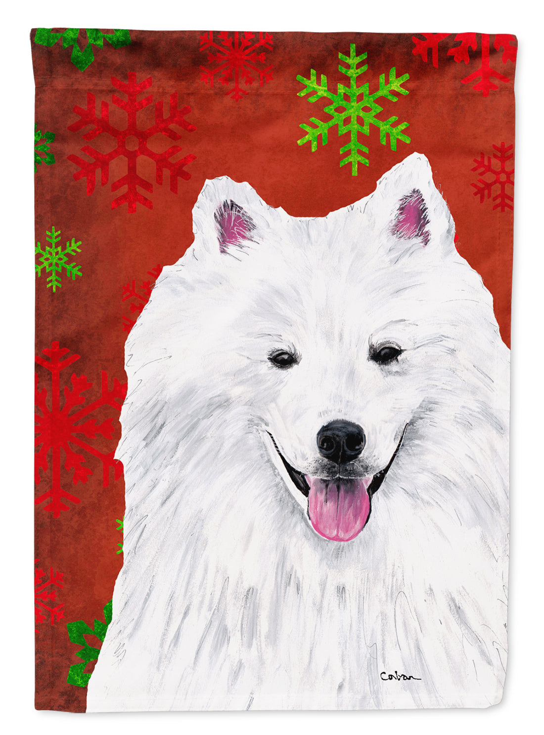 American Eskimo Red and Green Snowflakes Holiday Christmas House Flag 28x40 Porch Sleeve Pole Decorative Outside Yard Banner Artwork Wall Hanging, Polyester