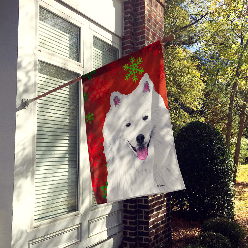 American Eskimo Red and Green Snowflakes Holiday Christmas House Flag 28x40 Porch Sleeve Pole Decorative Outside Yard Banner Artwork Wall Hanging, Polyester