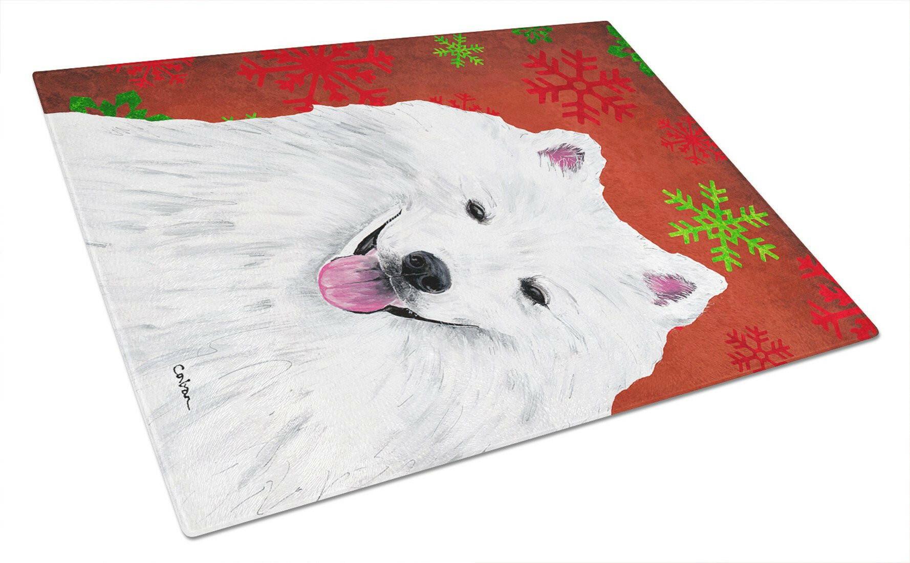 American Eskimo Red and Green Snowflakes Holiday Christmas Cutting Board Tempered Glass Kitchen Cutting Surface, Heat Resistant Chopping, Non-Slip Feet, Food Prep & Serving