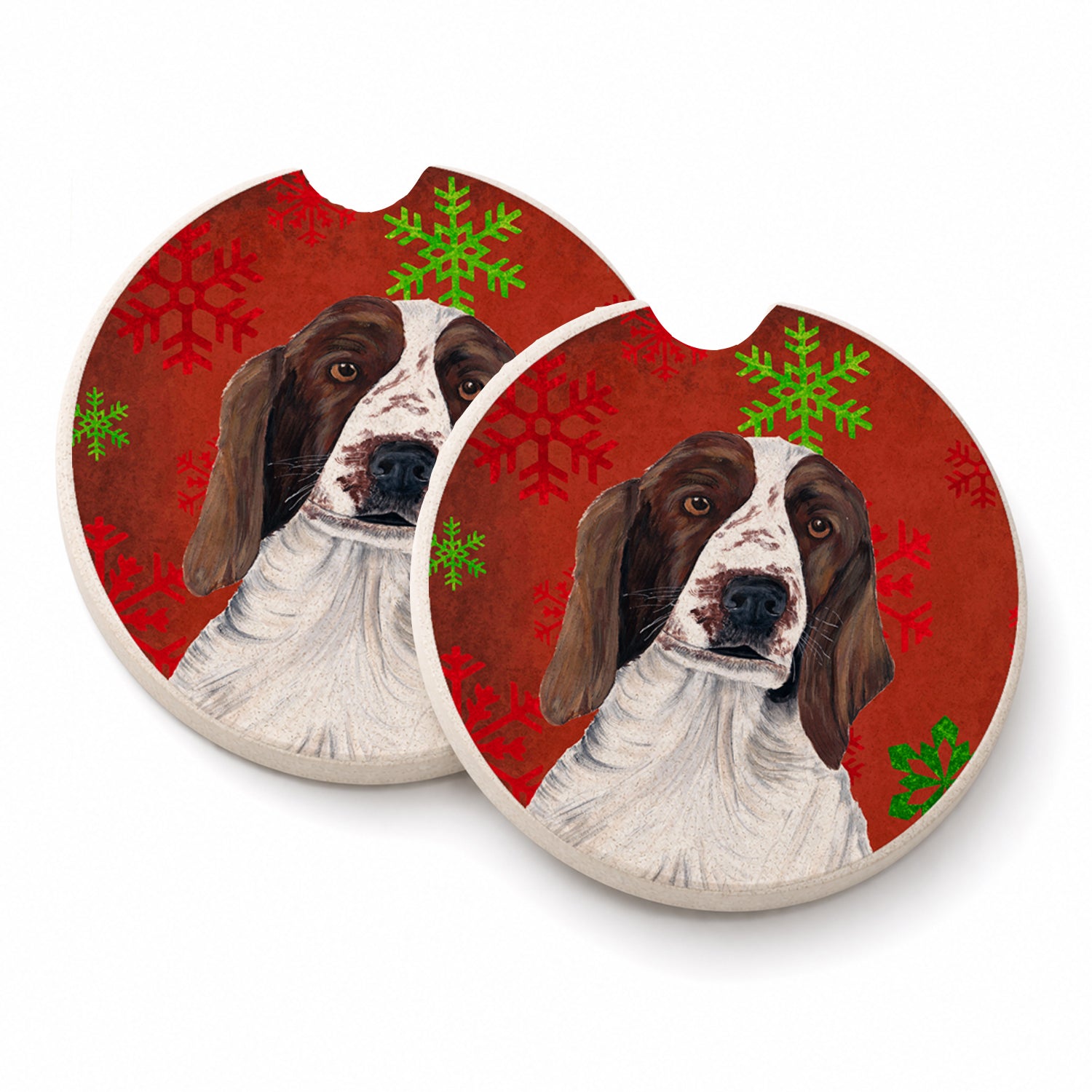 Welsh Springer Spaniel Red  Green Snowflakes Holiday Christmas Set of 2 Cup Holder Car Coasters Absorbent Round Sandstone Coasters Gifts for Men or Women, 2.5, Multicolor