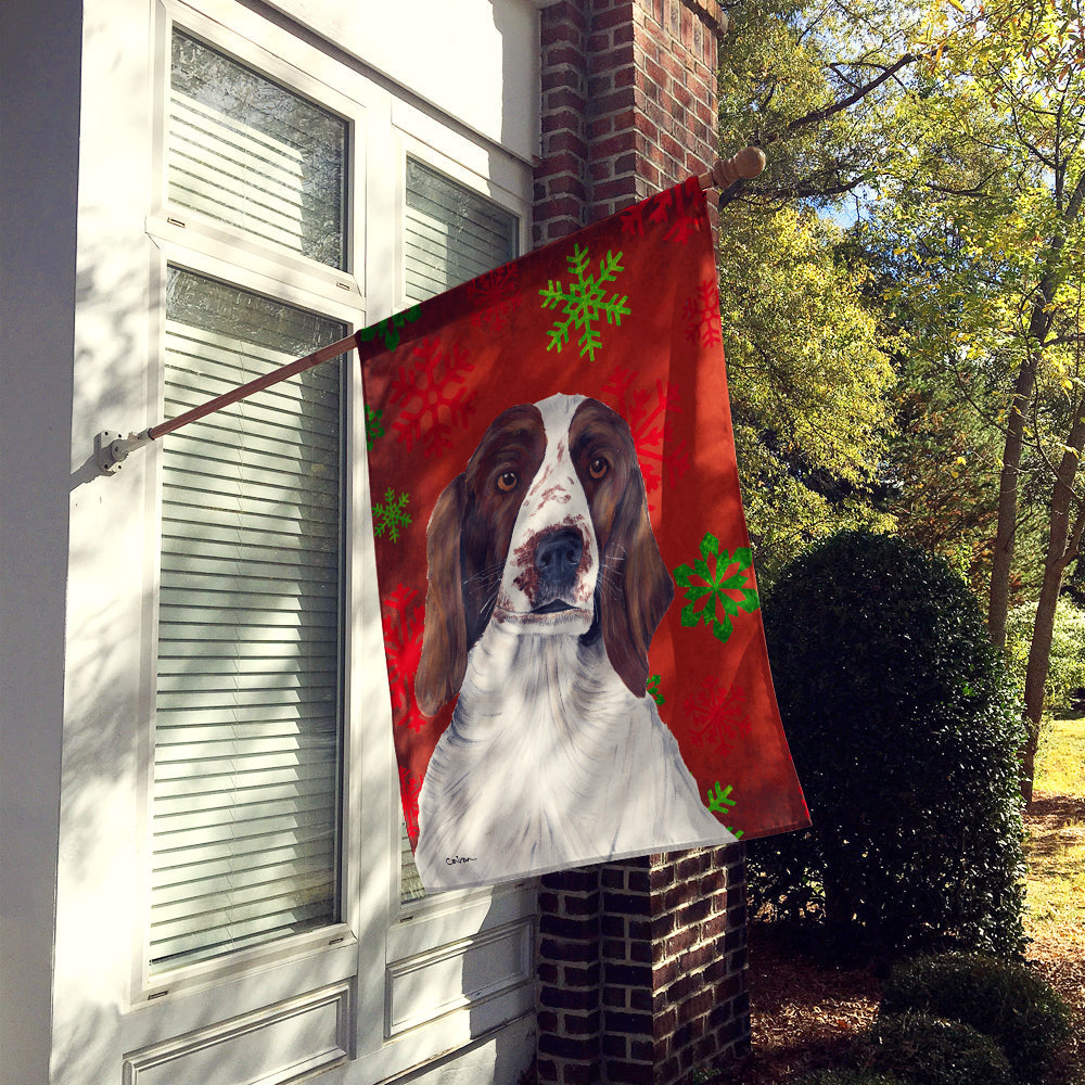 Welsh Springer Spaniel Red  Green Snowflakes Holiday Christmas House Flag 28x40 Porch Sleeve Pole Decorative Outside Yard Banner Artwork Wall Hanging, Polyester