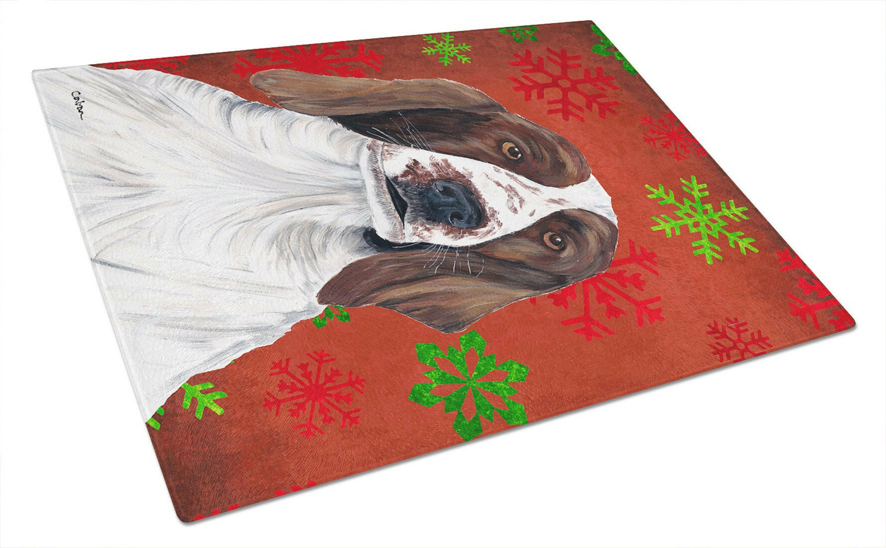Welsh Springer Spaniel Red  Green Snowflakes Holiday Christmas Cutting Board Tempered Glass Kitchen Cutting Surface, Heat Resistant Chopping, Non-Slip Feet, Food Prep & Serving
