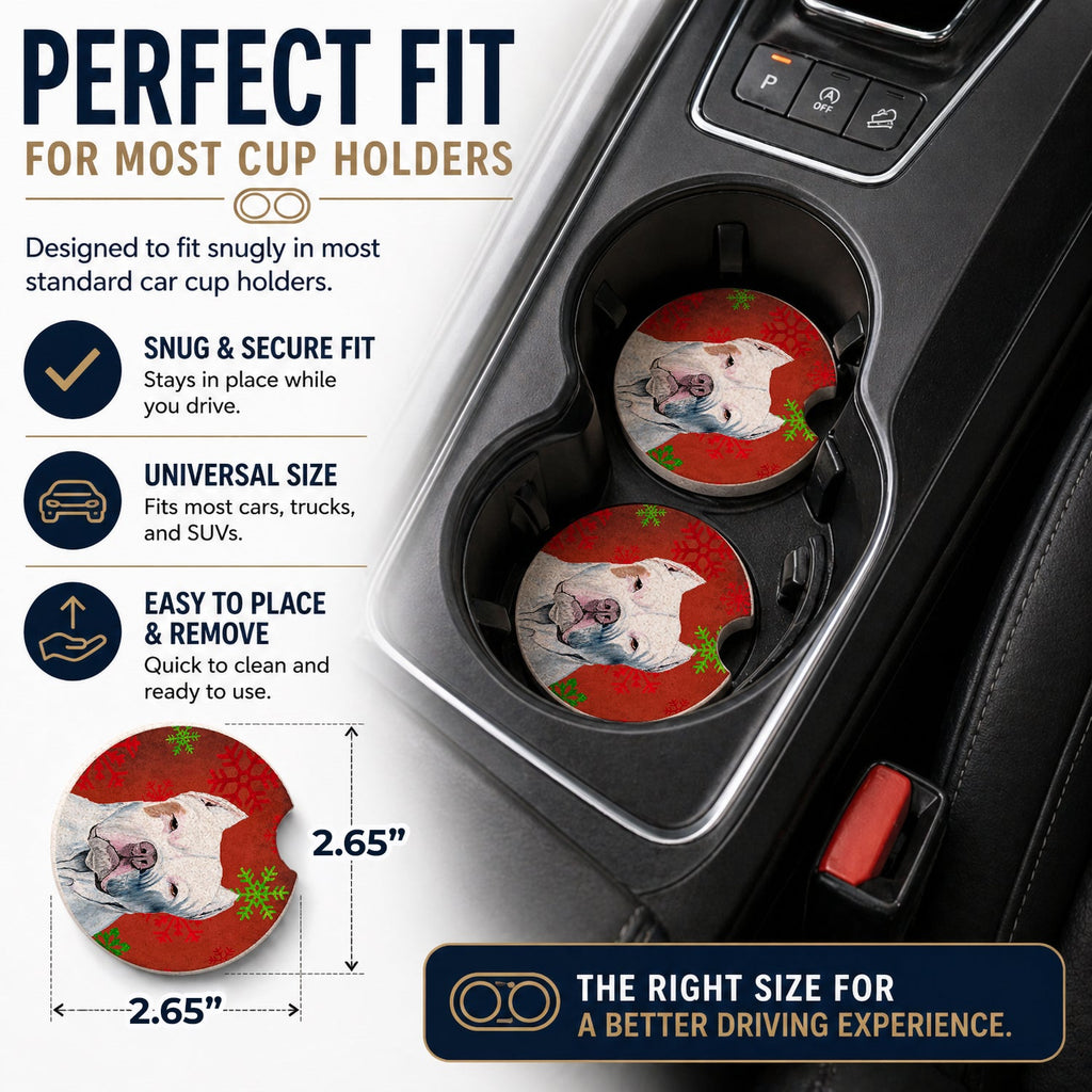 Pit Bull Red and Green Snowflakes Holiday Christmas Set of 2 Cup Holder Car Coasters Absorbent Round Sandstone Coasters Gifts for Men or Women, 2.5, Multicolor