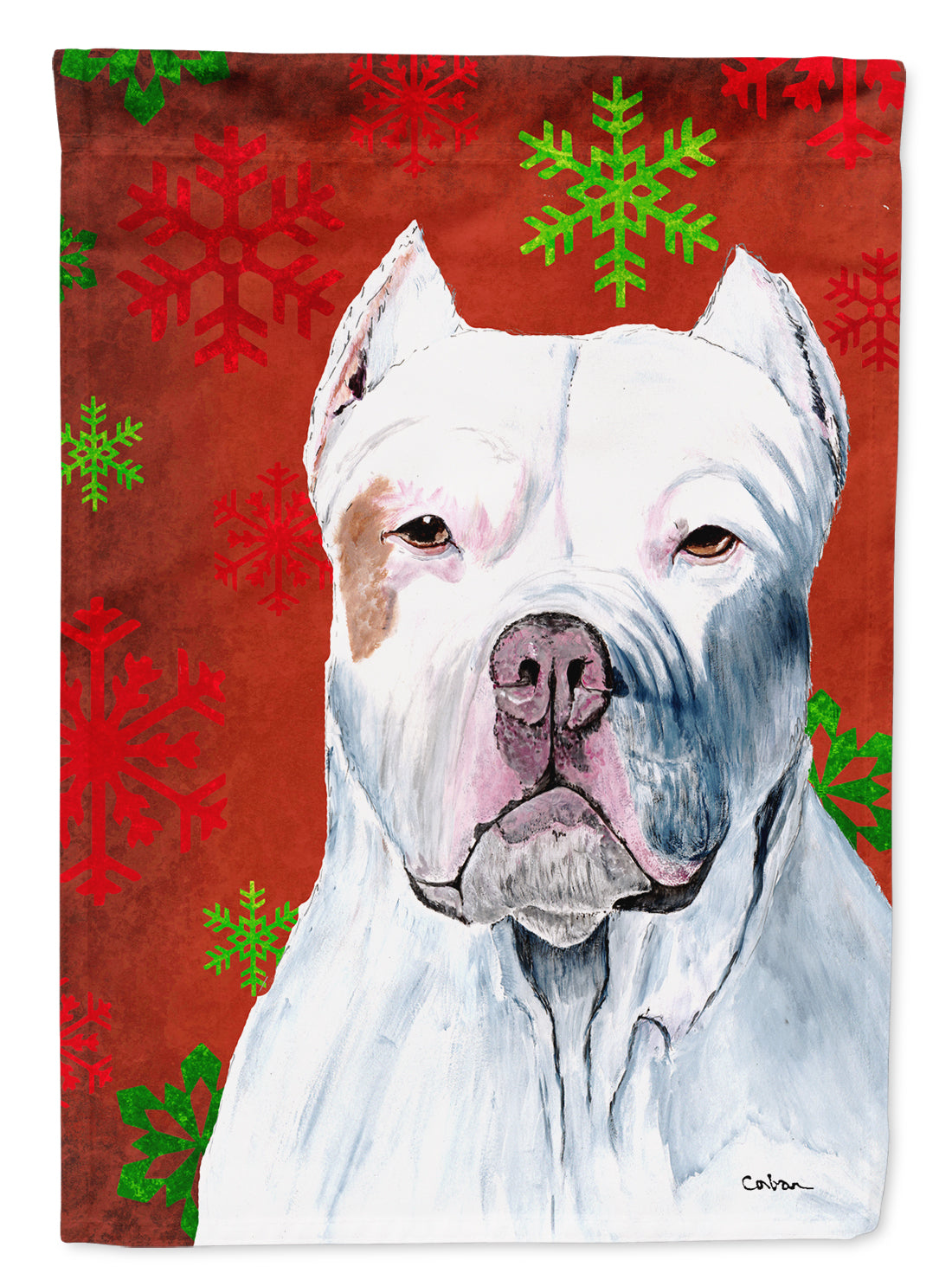 Pit Bull Red and Green Snowflakes Holiday Christmas House Flag 28x40 Porch Sleeve Pole Decorative Outside Yard Banner Artwork Wall Hanging, Polyester