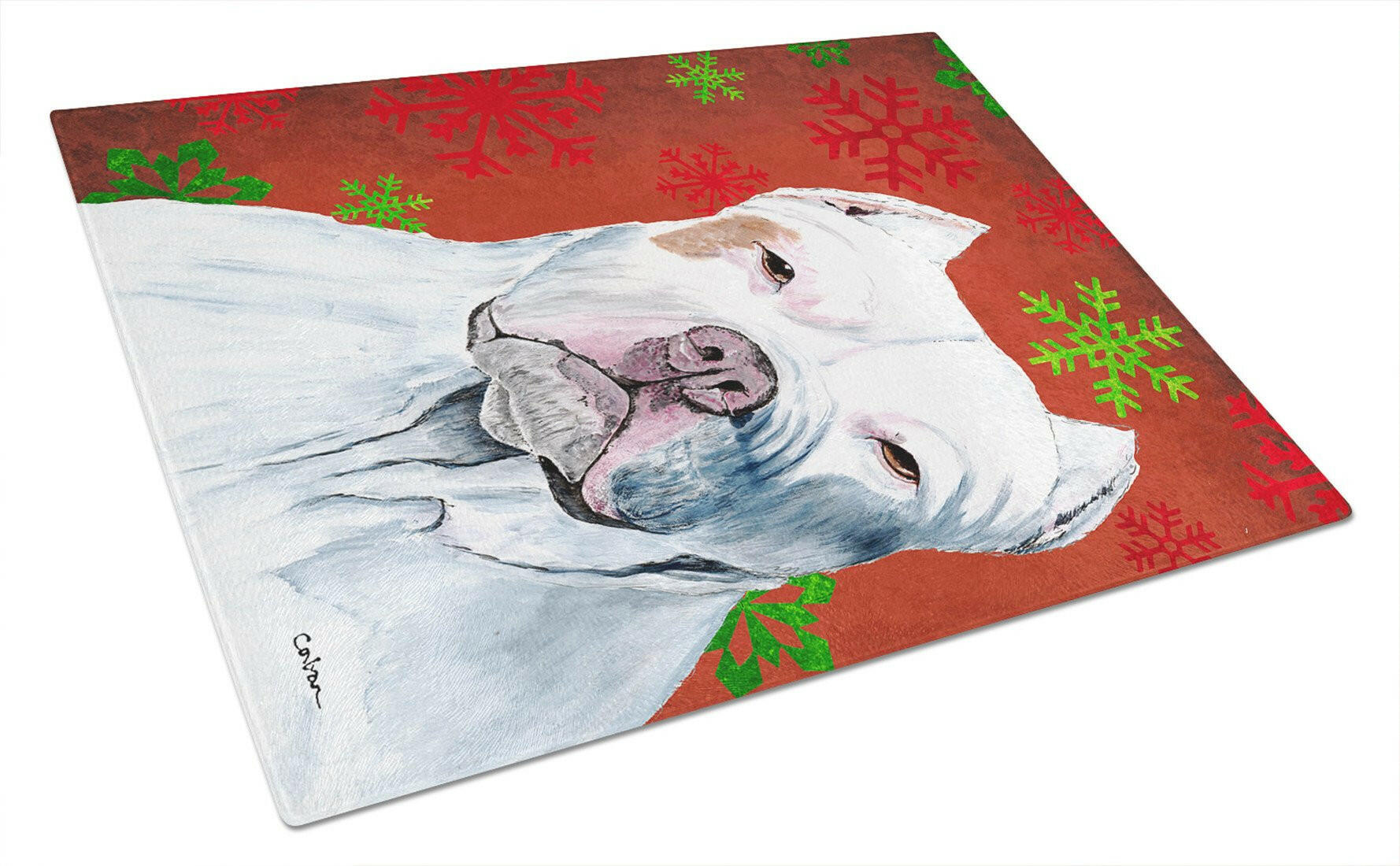 Pit Bull Red and Green Snowflakes Holiday Christmas Cutting Board Tempered Glass Kitchen Cutting Surface, Heat Resistant Chopping, Non-Slip Feet, Food Prep & Serving