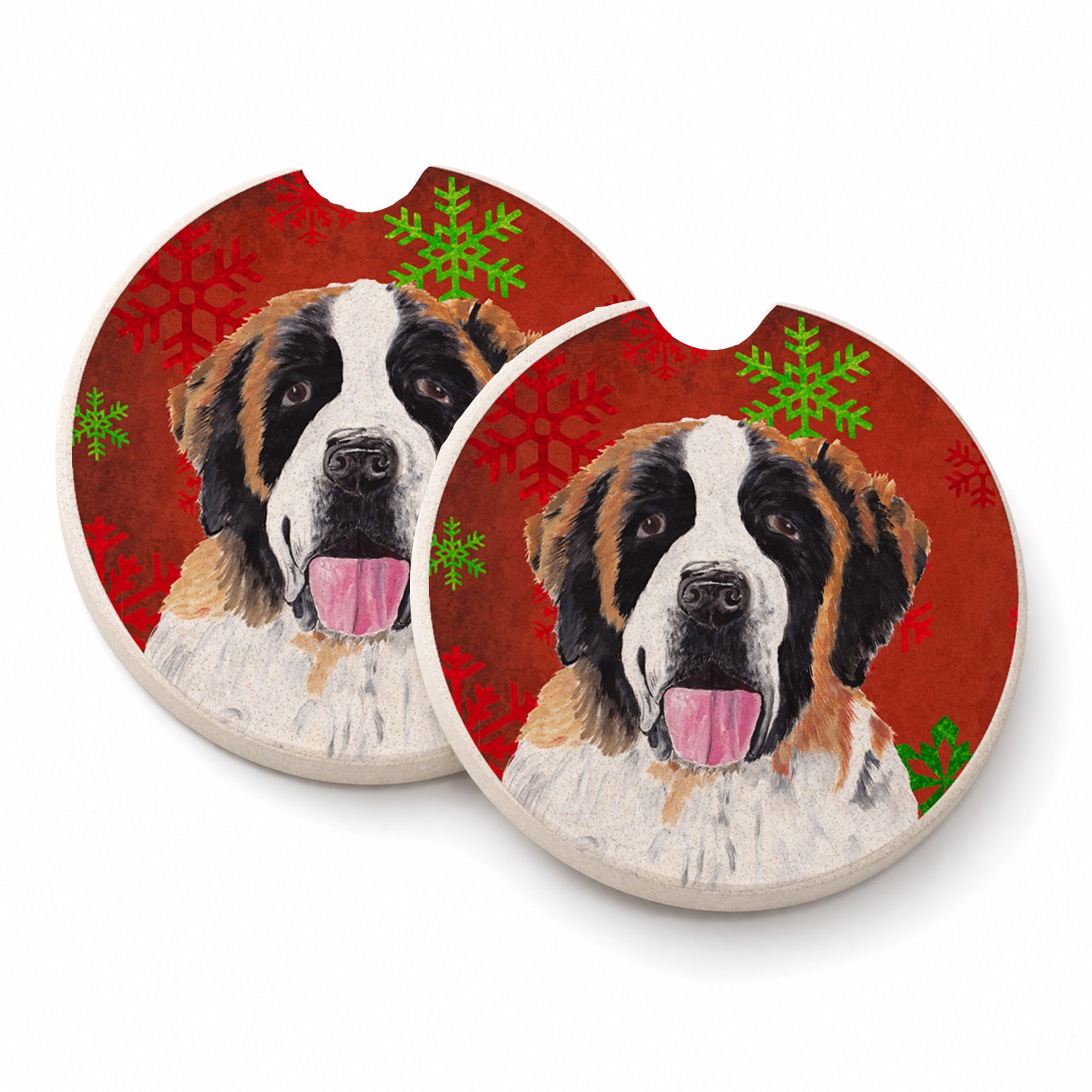 Saint Bernard Red Green Snowflake Christmas Set of 2 Cup Holder Car Coasters Absorbent Round Sandstone Coasters Gifts for Men or Women, 2.5, Multicolor
