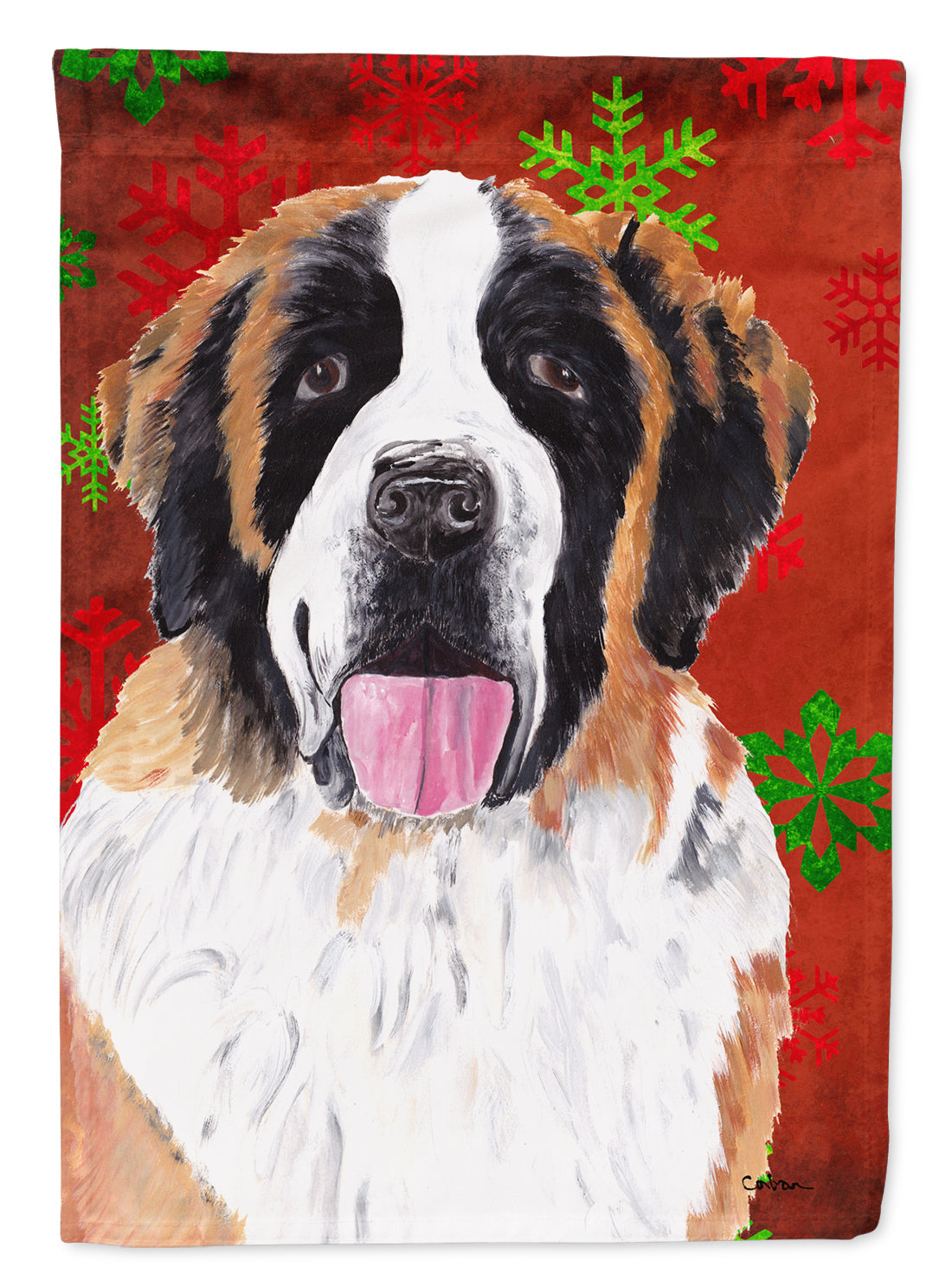 Saint Bernard Red Green Snowflake Christmas House Flag 28x40 Porch Sleeve Pole Decorative Outside Yard Banner Artwork Wall Hanging, Polyester