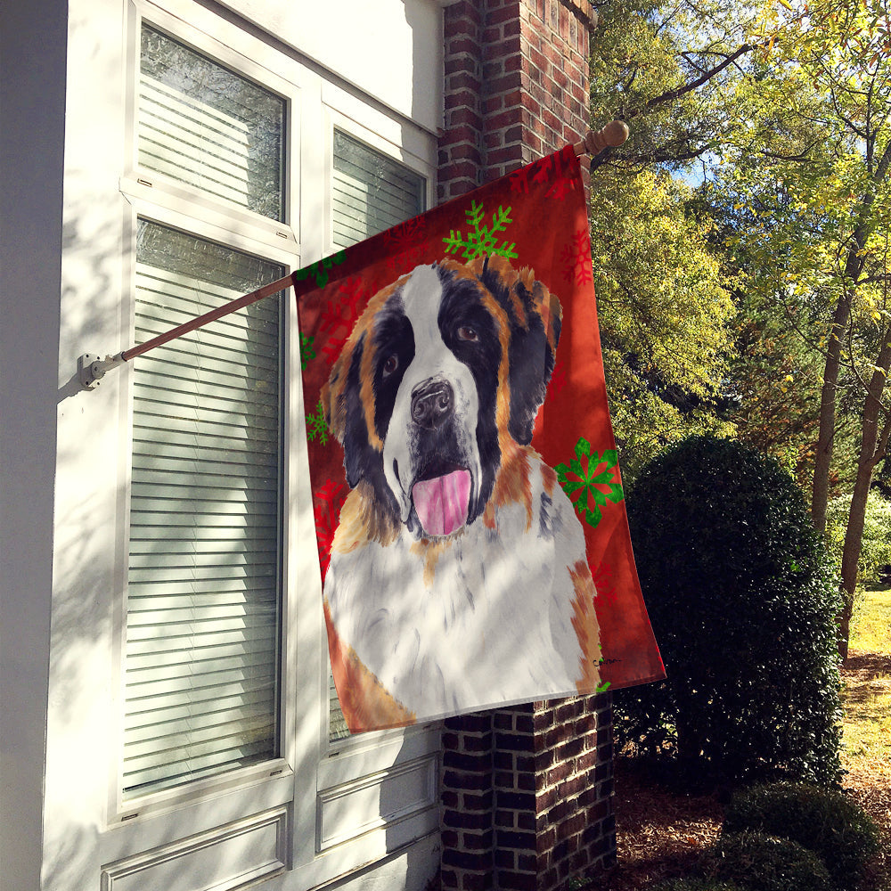 Saint Bernard Red Green Snowflake Christmas House Flag 28x40 Porch Sleeve Pole Decorative Outside Yard Banner Artwork Wall Hanging, Polyester