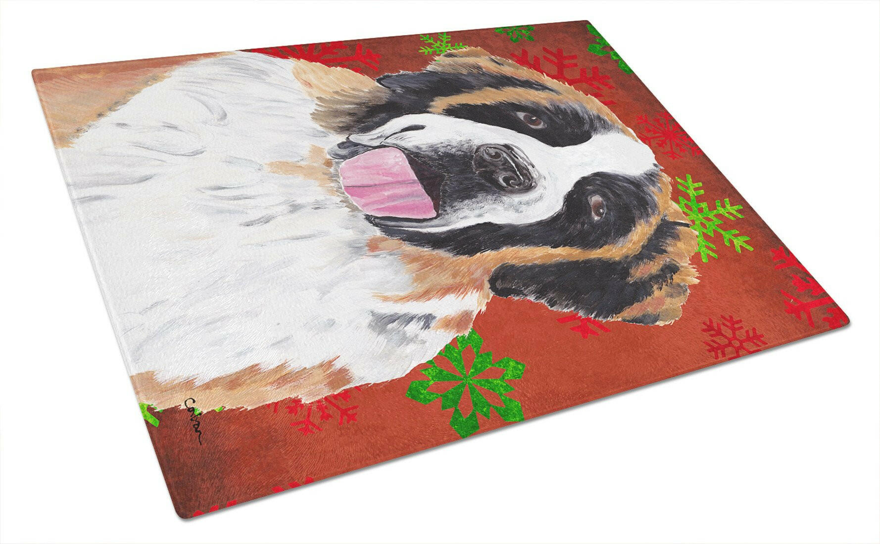 Saint Bernard Red Green Snowflake Christmas Cutting Board Tempered Glass Kitchen Cutting Surface, Heat Resistant Chopping, Non-Slip Feet, Food Prep & Serving