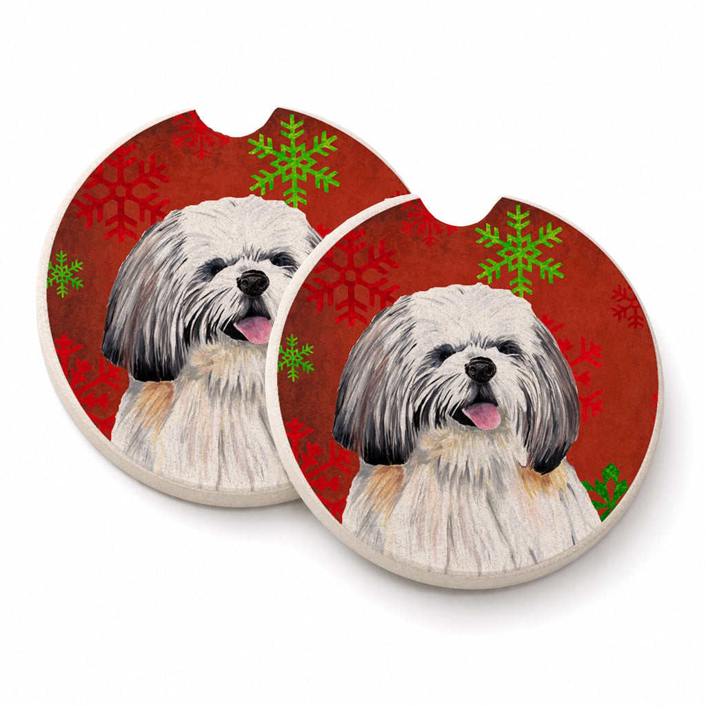 Shih Tzu Red and Green Snowflakes Holiday Christmas Set of 2 Cup Holder Car Coasters Absorbent Round Sandstone Coasters Gifts for Men or Women, 2.5, Multicolor