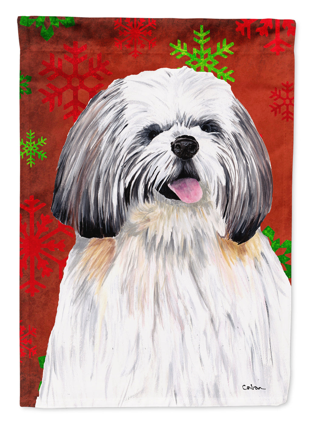 Shih Tzu Red and Green Snowflakes Holiday Christmas House Flag 28x40 Porch Sleeve Pole Decorative Outside Yard Banner Artwork Wall Hanging, Polyester