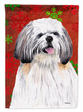 Shih Tzu Red and Green Snowflakes Holiday Christmas House Flag 28x40 Porch Sleeve Pole Decorative Outside Yard Banner Artwork Wall Hanging, Polyester