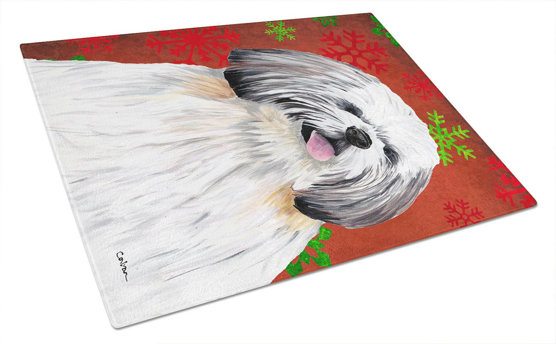 Shih Tzu Red and Green Snowflakes Holiday Christmas Cutting Board Tempered Glass Kitchen Cutting Surface, Heat Resistant Chopping, Non-Slip Feet, Food Prep & Serving