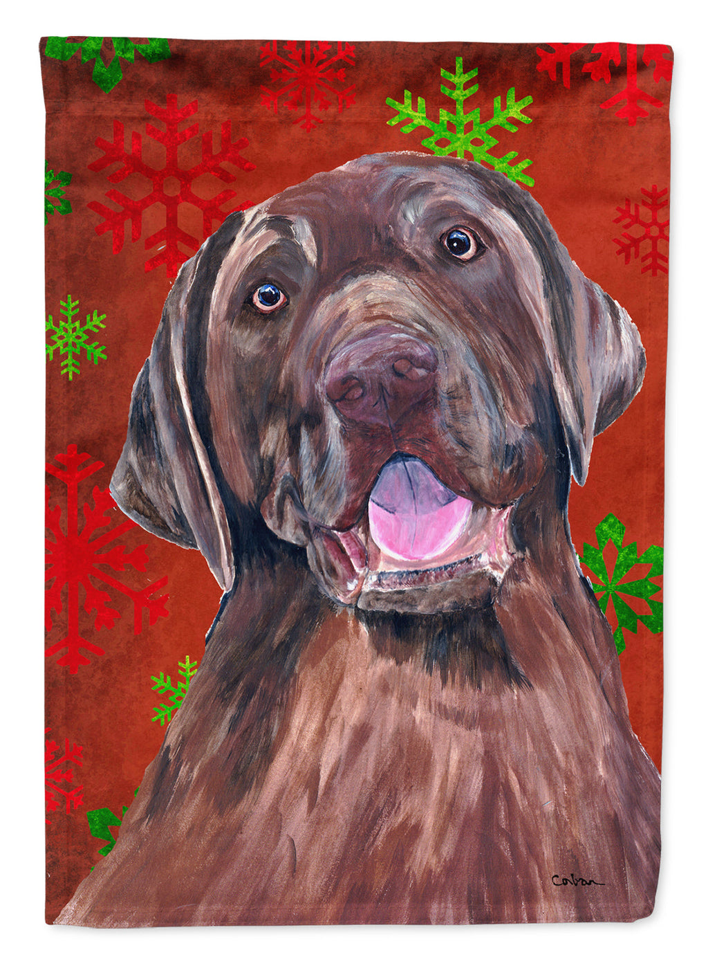 Labrador Red and Green Snowflakes Holiday Christmas House Flag 28x40 Porch Sleeve Pole Decorative Outside Yard Banner Artwork Wall Hanging, Polyester
