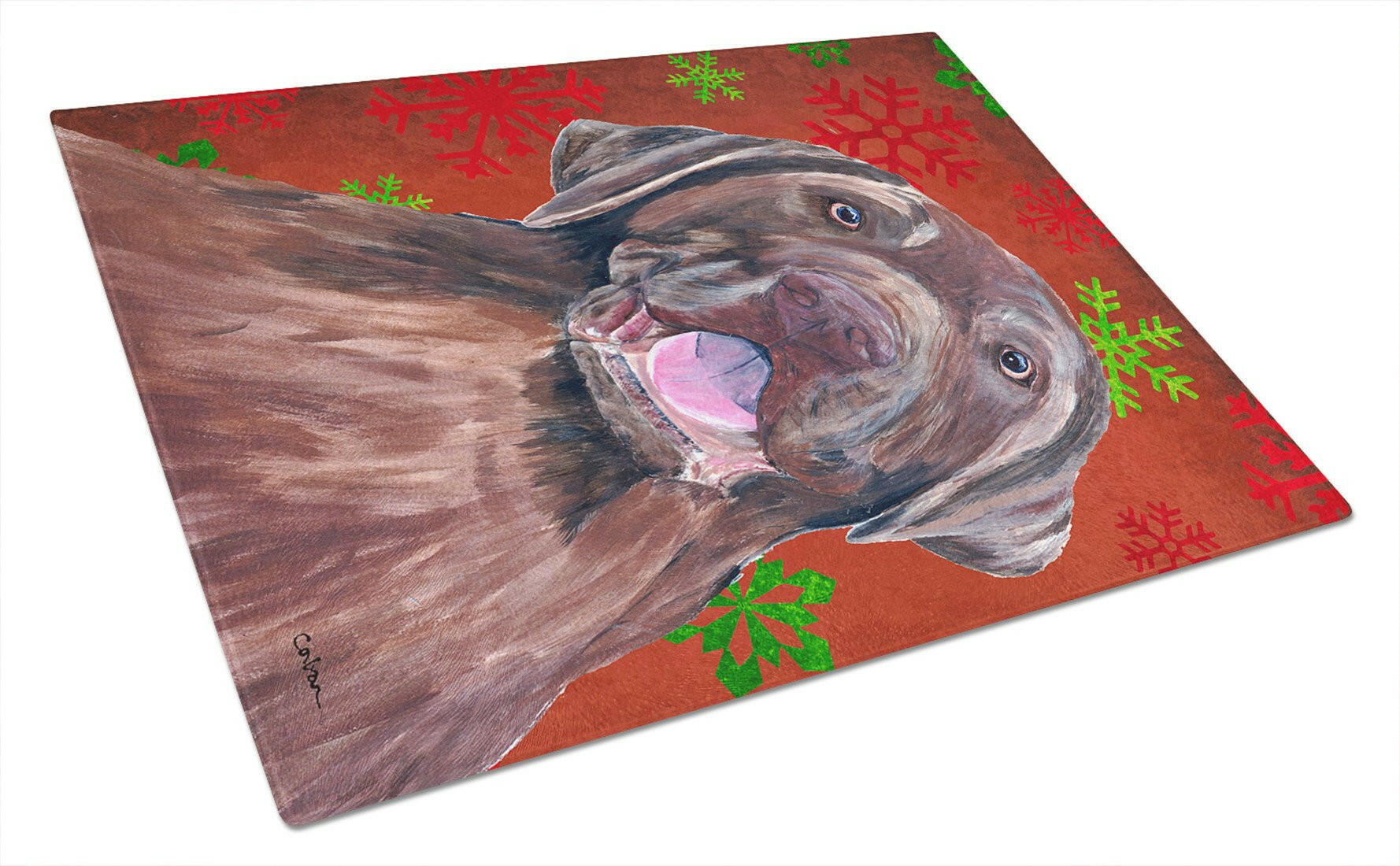 Labrador Red and Green Snowflakes Holiday Christmas Cutting Board Tempered Glass Kitchen Cutting Surface, Heat Resistant Chopping, Non-Slip Feet, Food Prep & Serving