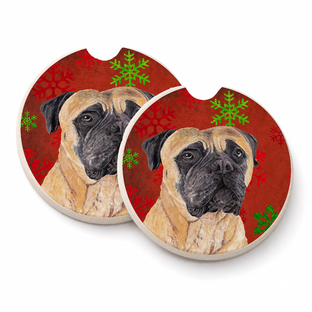 Mastiff Red and Green Snowflakes Holiday Christmas Set of 2 Cup Holder Car Coasters Absorbent Round Sandstone Coasters Gifts for Men or Women, 2.5, Multicolor