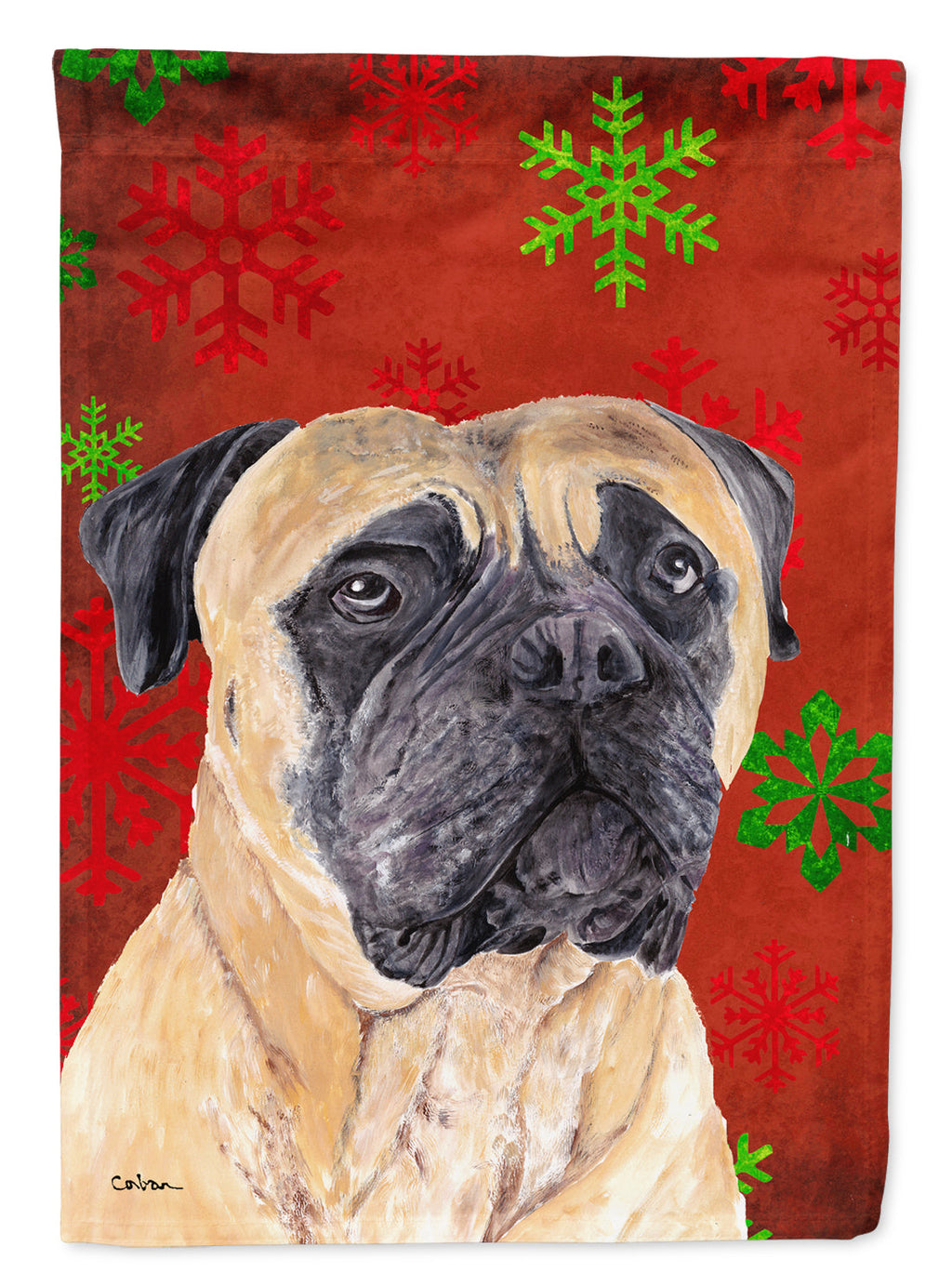 Mastiff Red and Green Snowflakes Holiday Christmas House Flag 28x40 Porch Sleeve Pole Decorative Outside Yard Banner Artwork Wall Hanging, Polyester