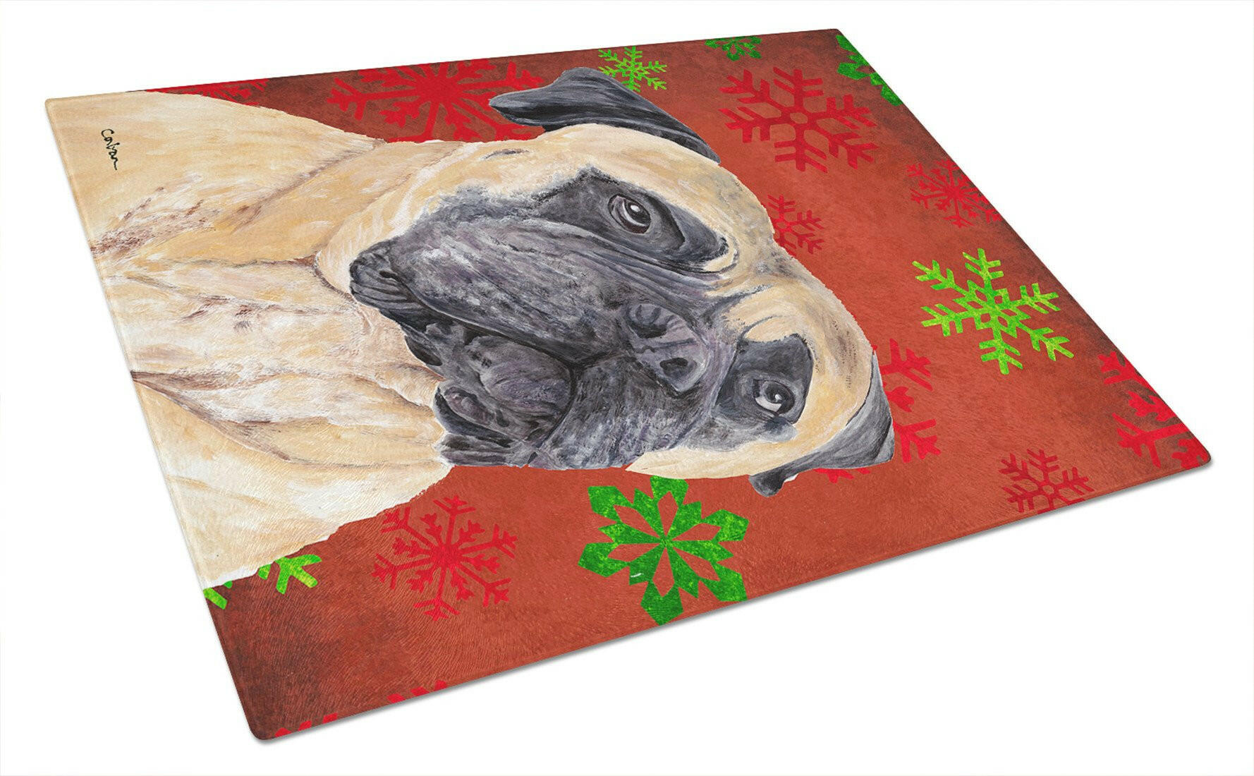 Mastiff Red and Green Snowflakes Holiday Christmas Cutting Board Tempered Glass Kitchen Cutting Surface, Heat Resistant Chopping, Non-Slip Feet, Food Prep & Serving