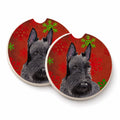 Scottish Terrier Red and Green Snowflakes Holiday Christmas Set of 2 Cup Holder Car Coasters Absorbent Round Sandstone Coasters Gifts for Men or Women, 2.5, Multicolor