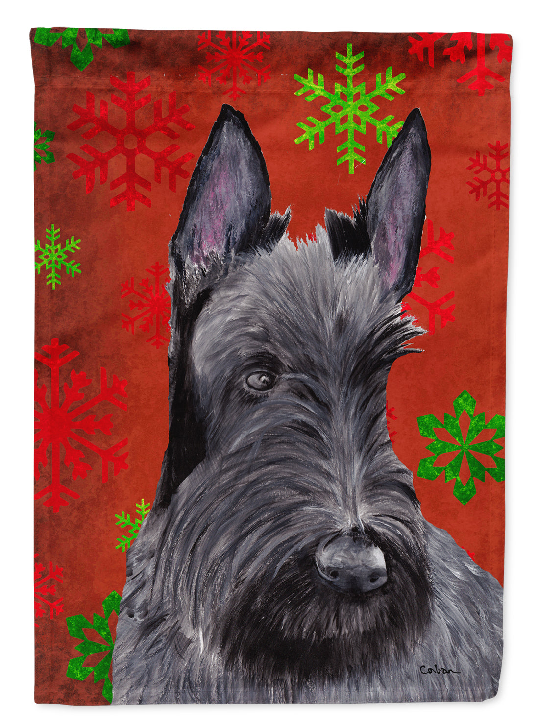 Scottish Terrier Red and Green Snowflakes Holiday Christmas House Flag 28x40 Porch Sleeve Pole Decorative Outside Yard Banner Artwork Wall Hanging, Polyester