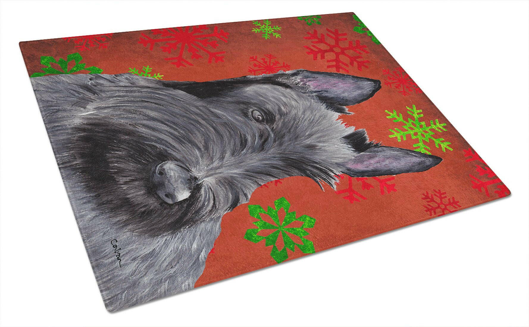 Scottish Terrier Red and Green Snowflakes Holiday Christmas Cutting Board Tempered Glass Kitchen Cutting Surface, Heat Resistant Chopping, Non-Slip Feet, Food Prep & Serving