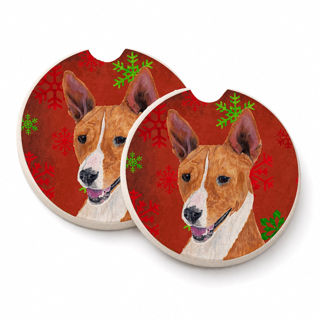 Basenji Red and Green Snowflakes Holiday Christmas Set of 2 Cup Holder Car Coasters Absorbent Round Sandstone Coasters Gifts for Men or Women, 2.5, Multicolor