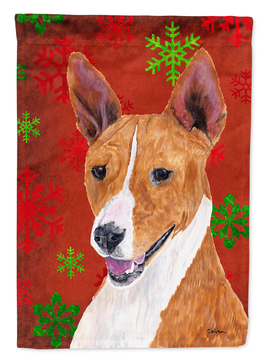 Basenji Red and Green Snowflakes Holiday Christmas House Flag 28x40 Porch Sleeve Pole Decorative Outside Yard Banner Artwork Wall Hanging, Polyester