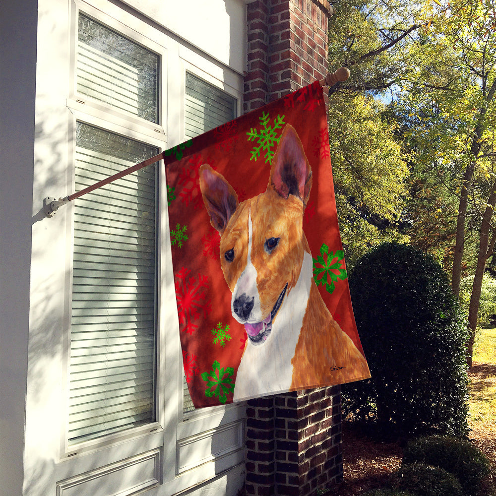 Basenji Red and Green Snowflakes Holiday Christmas House Flag 28x40 Porch Sleeve Pole Decorative Outside Yard Banner Artwork Wall Hanging, Polyester