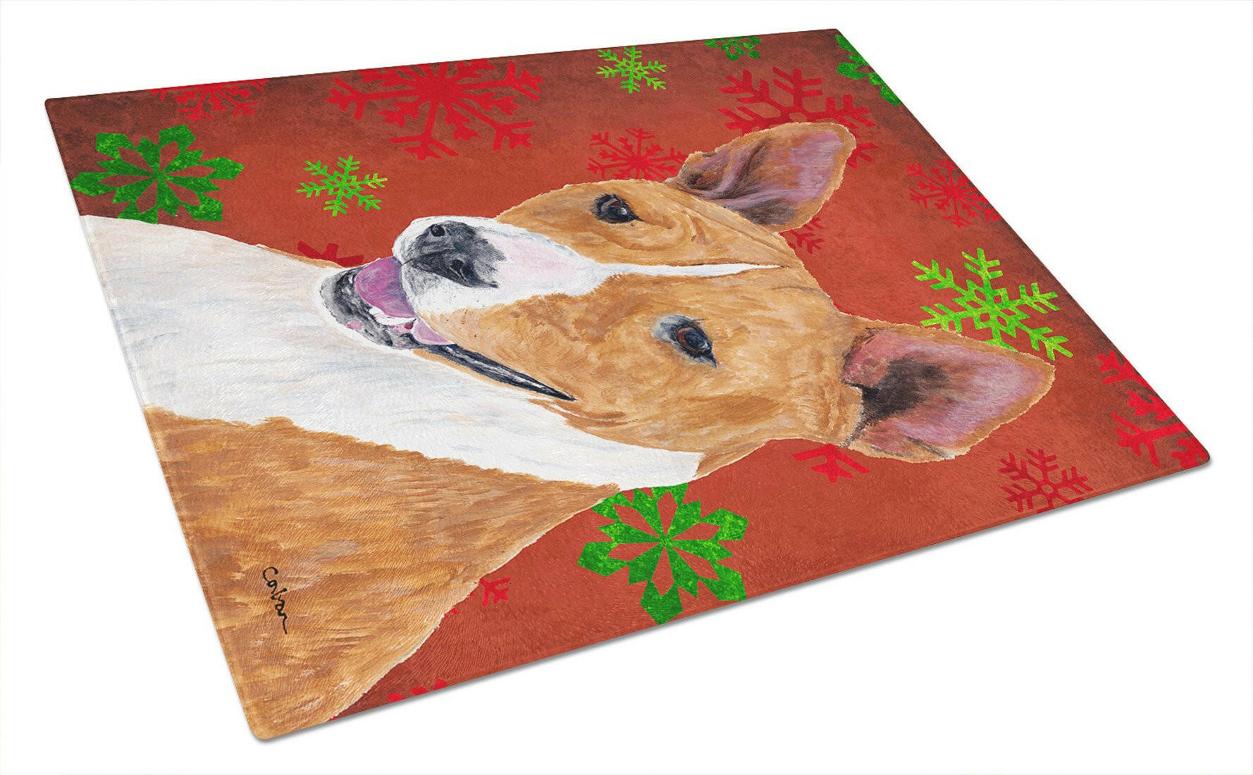 Basenji Red and Green Snowflakes Holiday Christmas Cutting Board Tempered Glass Kitchen Cutting Surface, Heat Resistant Chopping, Non-Slip Feet, Food Prep & Serving