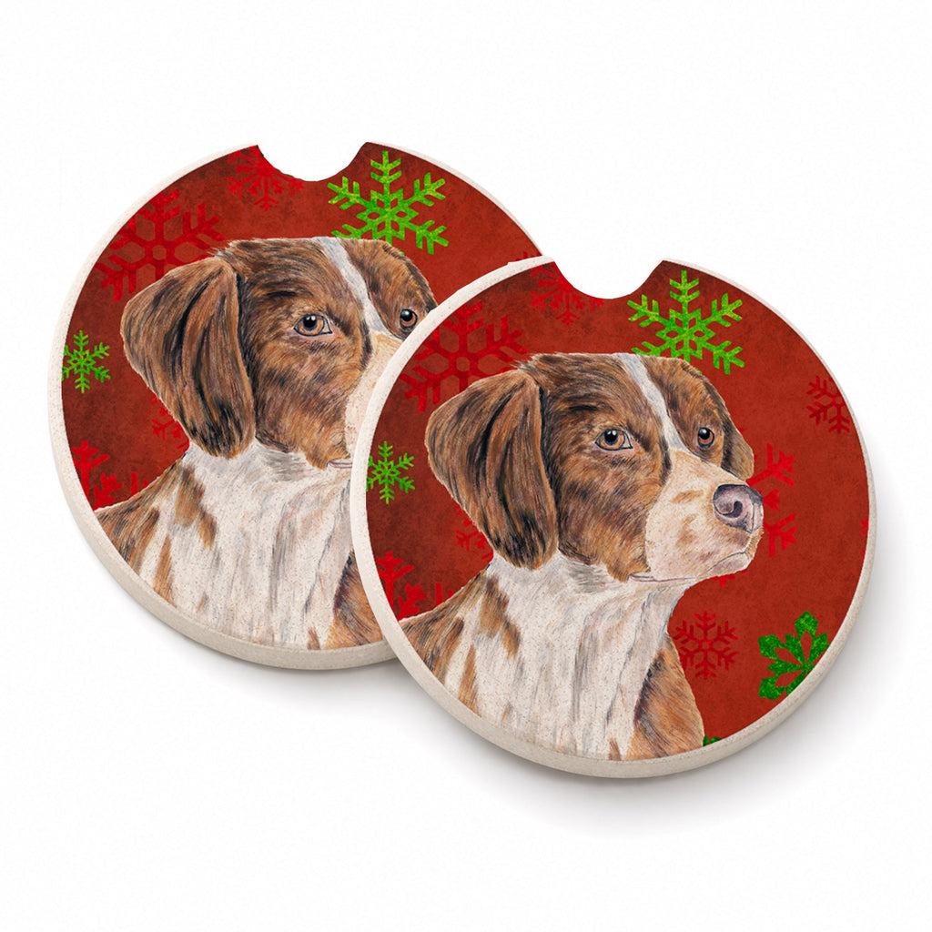 Brittany Red and Green Snowflakes Holiday Christmas Set of 2 Cup Holder Car Coasters Absorbent Round Sandstone Coasters Gifts for Men or Women, 2.5, Multicolor