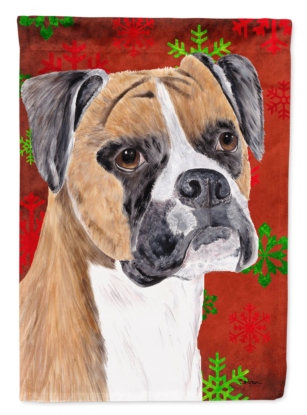 Boxer Red and Green Snowflakes Holiday Christmas House Flag 28x40 Porch Sleeve Pole Decorative Outside Yard Banner Artwork Wall Hanging, Polyester