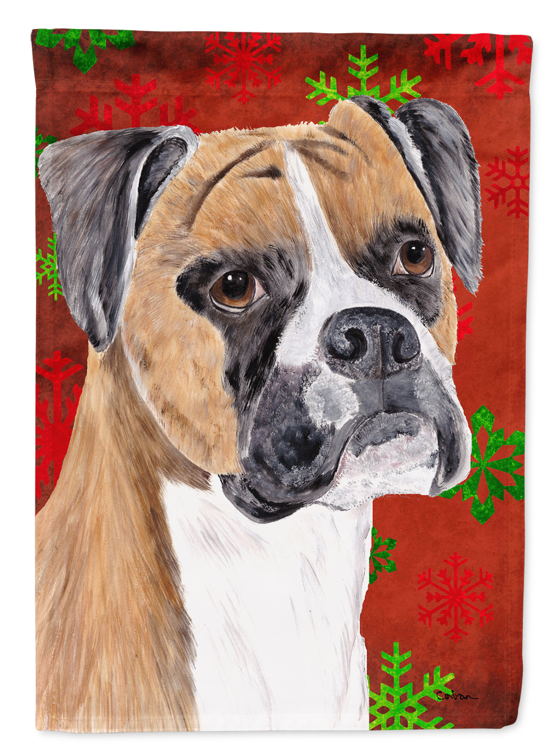 Boxer Red and Green Snowflakes Holiday Christmas House Flag 28x40 Porch Sleeve Pole Decorative Outside Yard Banner Artwork Wall Hanging, Polyester