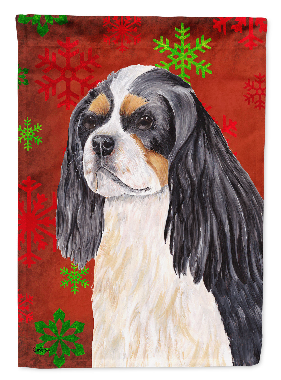 Cavalier Spaniel Red and Green Snowflakes Holiday Christmas House Flag 28x40 Porch Sleeve Pole Decorative Outside Yard Banner Artwork Wall Hanging, Polyester