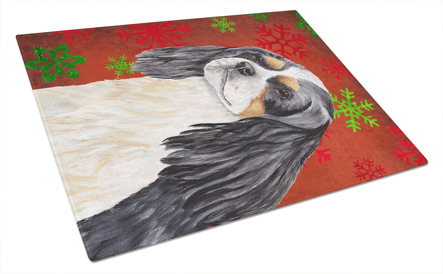 Cavalier Spaniel Red and Green Snowflakes Holiday Christmas Cutting Board Tempered Glass Kitchen Cutting Surface, Heat Resistant Chopping, Non-Slip Feet, Food Prep & Serving