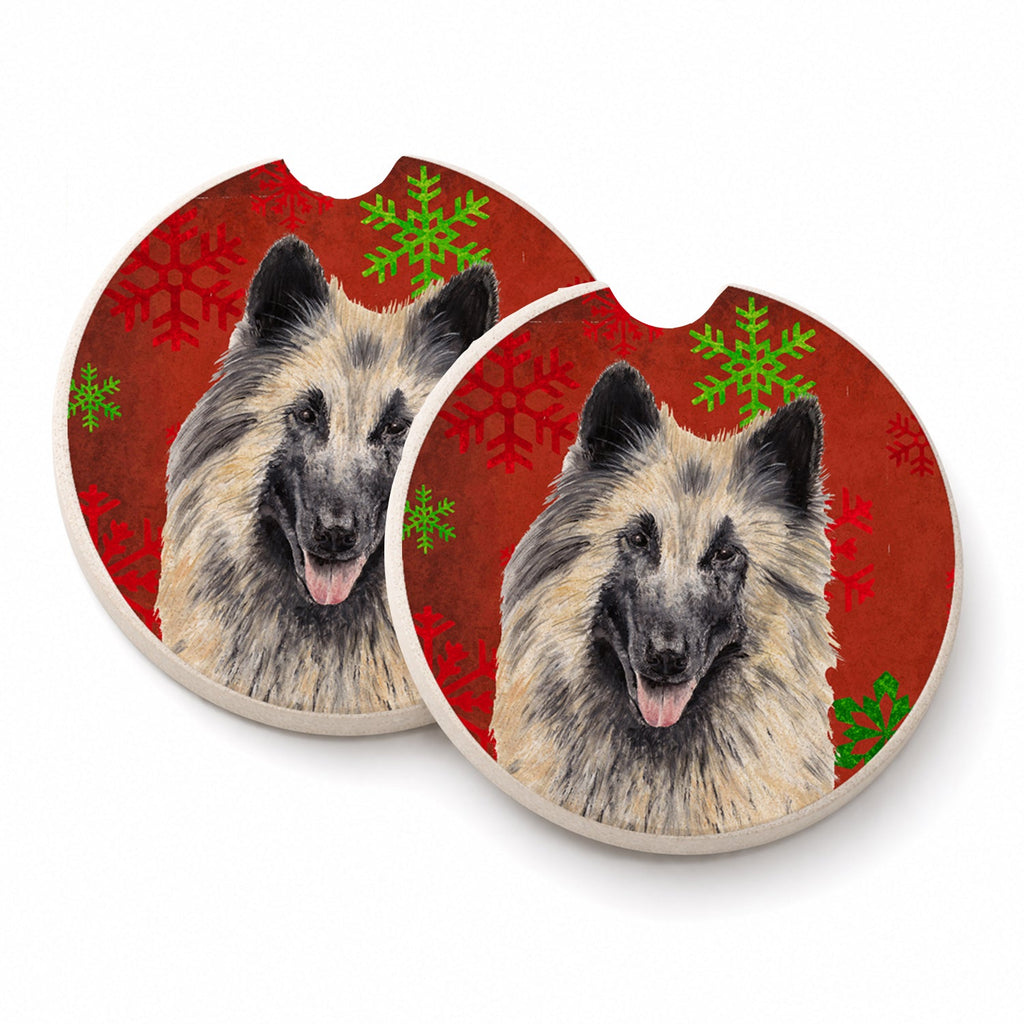 Belgian Tervuren Red and Green Snowflakes Holiday Christmas Set of 2 Cup Holder Car Coasters Absorbent Round Sandstone Coasters Gifts for Men or Women, 2.5, Multicolor
