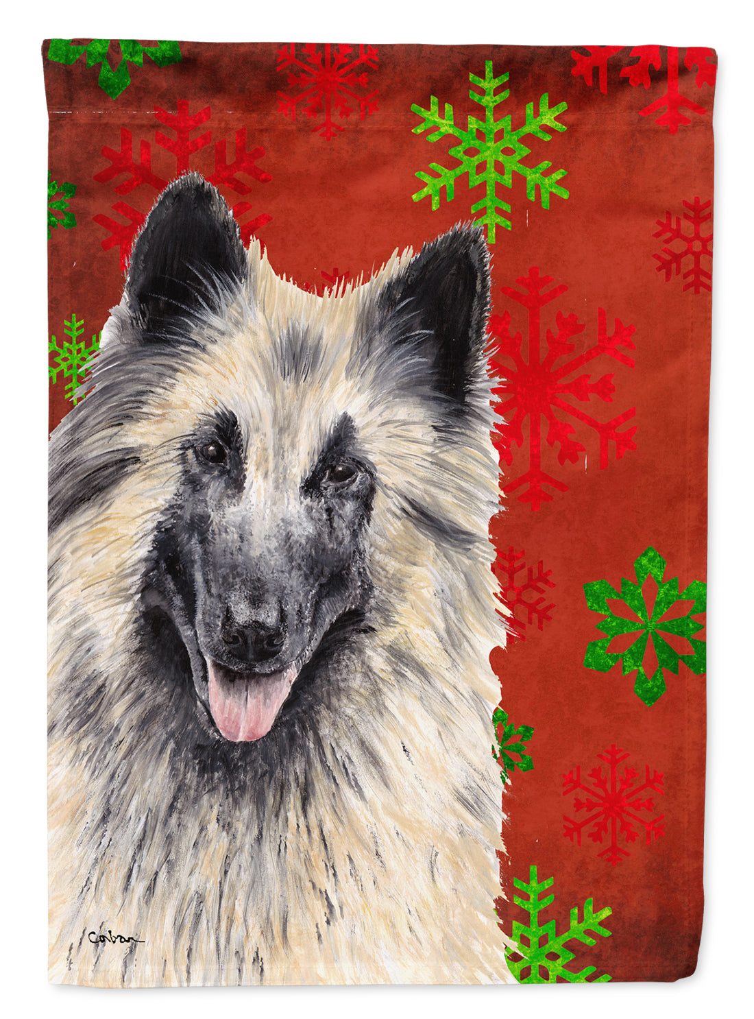Belgian Tervuren Red and Green Snowflakes Holiday Christmas House Flag 28x40 Porch Sleeve Pole Decorative Outside Yard Banner Artwork Wall Hanging, Polyester