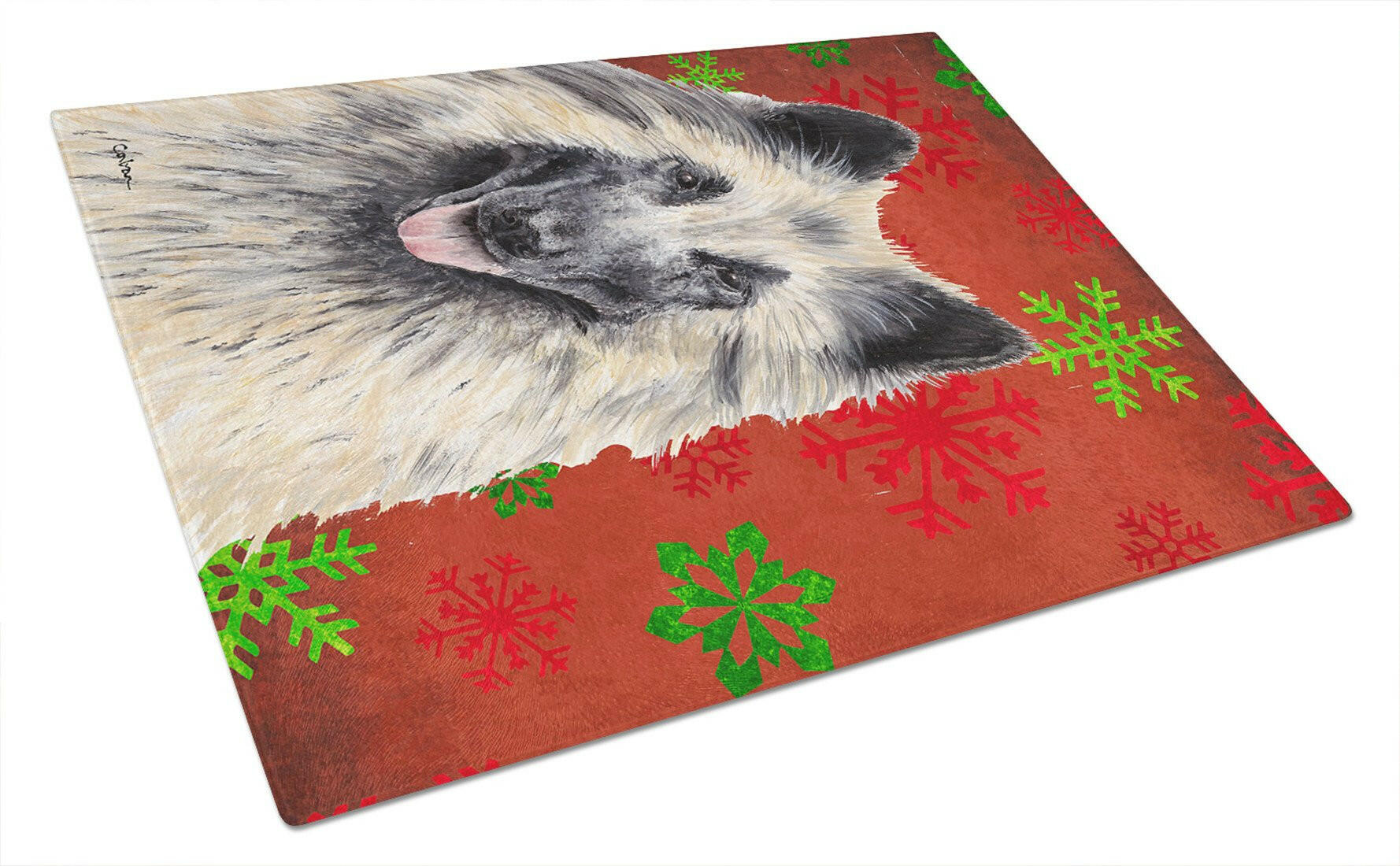 Belgian Tervuren Red and Green Snowflakes Holiday Christmas Cutting Board Tempered Glass Kitchen Cutting Surface, Heat Resistant Chopping, Non-Slip Feet, Food Prep & Serving