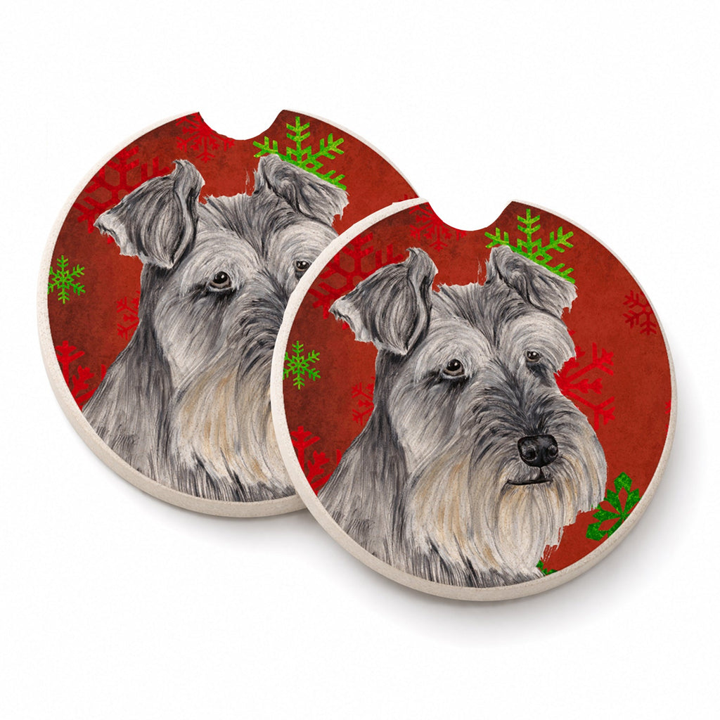 Schnauzer Red and Green Snowflakes Holiday Christmas Set of 2 Cup Holder Car Coasters Absorbent Round Sandstone Coasters Gifts for Men or Women, 2.5, Multicolor