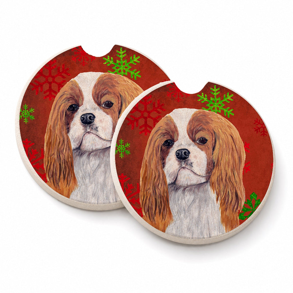 Cavalier Spaniel Red and Green Snowflakes Holiday Christmas Set of 2 Cup Holder Car Coasters Absorbent Round Sandstone Coasters Gifts for Men or Women, 2.5, Multicolor